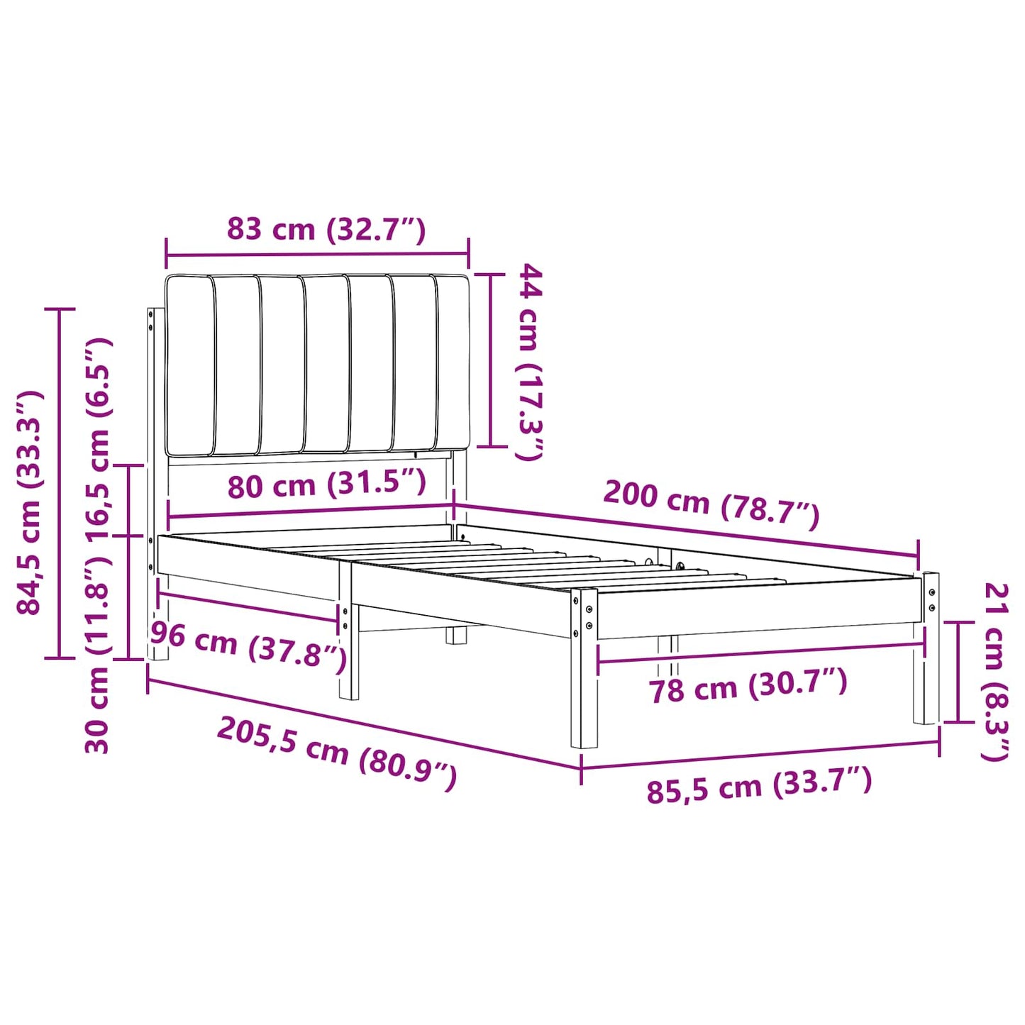 Sengestel med Polstret Hovedgavl Sort 80 x 200 cm