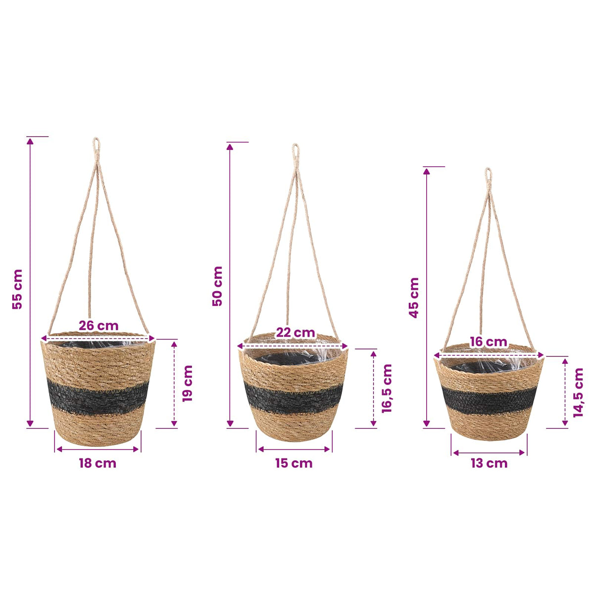 3 stk. Naturfarvet og sort Ø26 x 19 cm 100% Søgræs