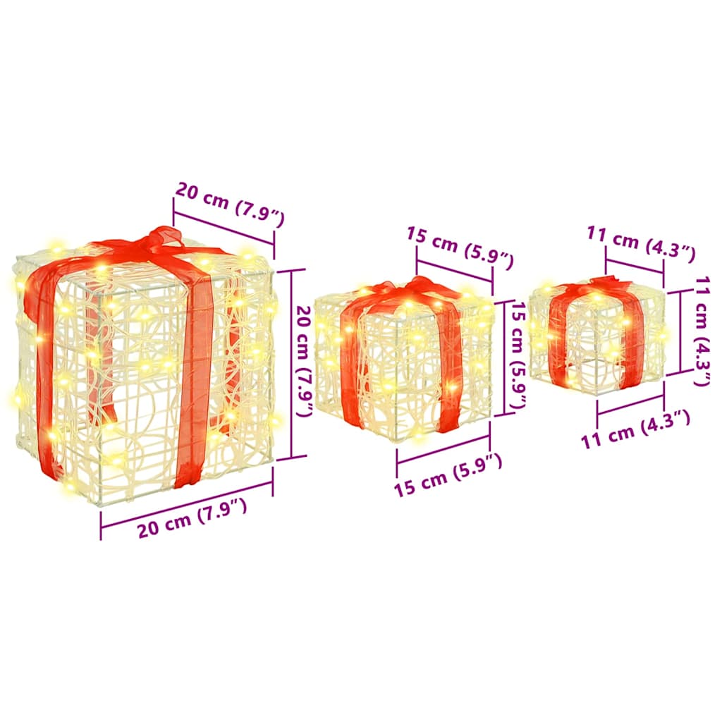 Gaveæske 3 stk. 60 LED'er Varm hvid 20 x 20 x 20 cm Akryl