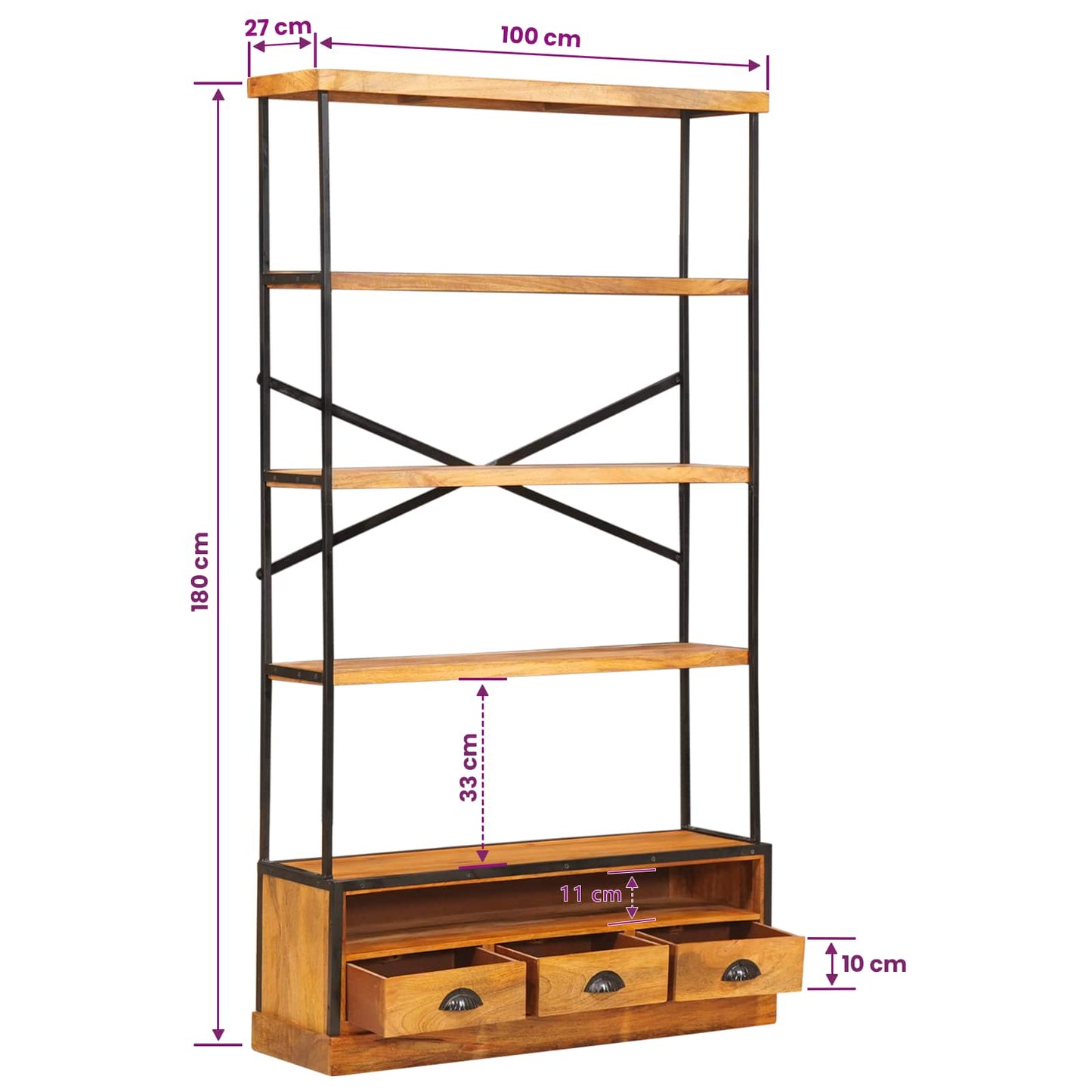 5-etagers bogreol Naturfarvet 100 x 30 x 180 cm