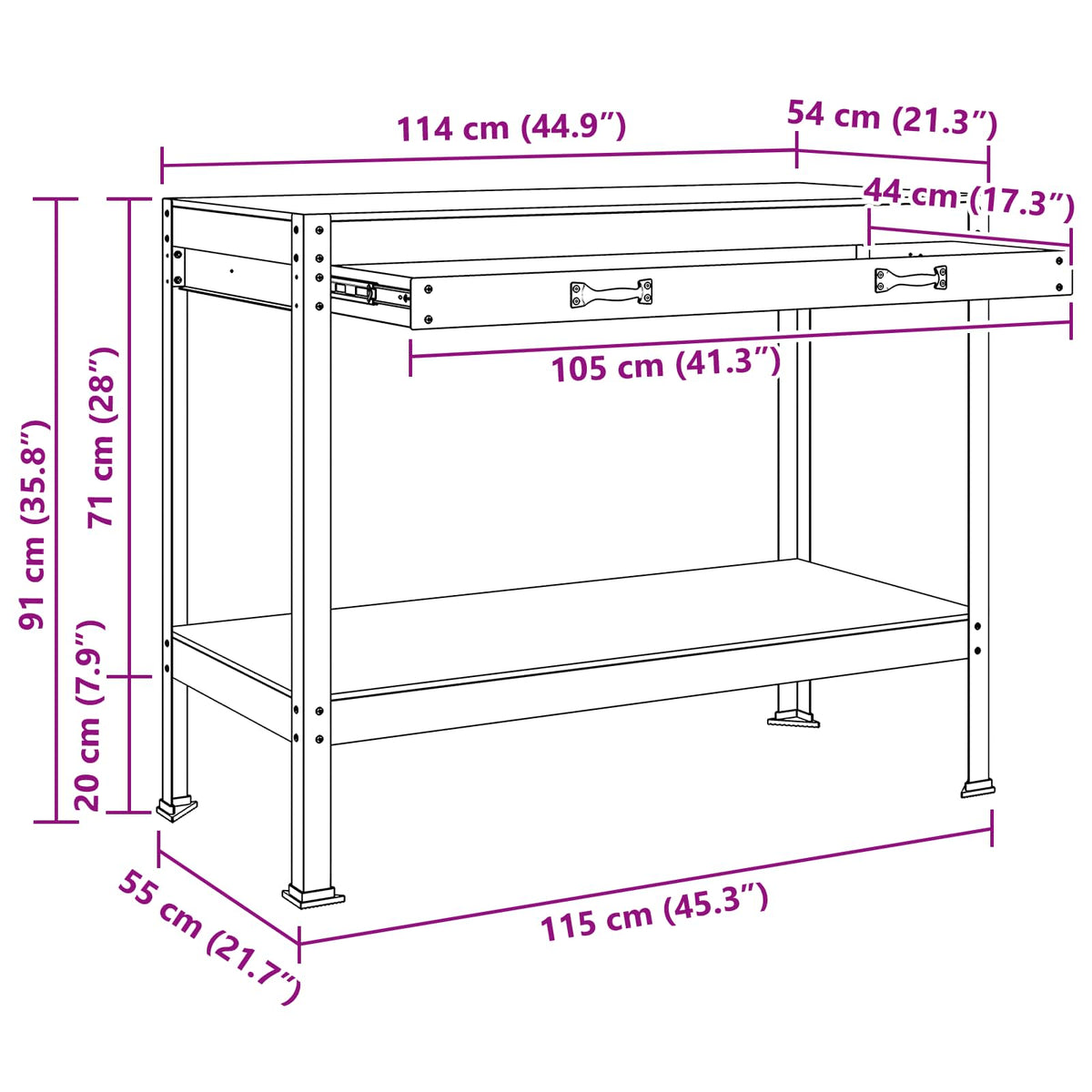 Værksted med skuffe Sort 114 x 54 x 91 cm Samlet træ og metal