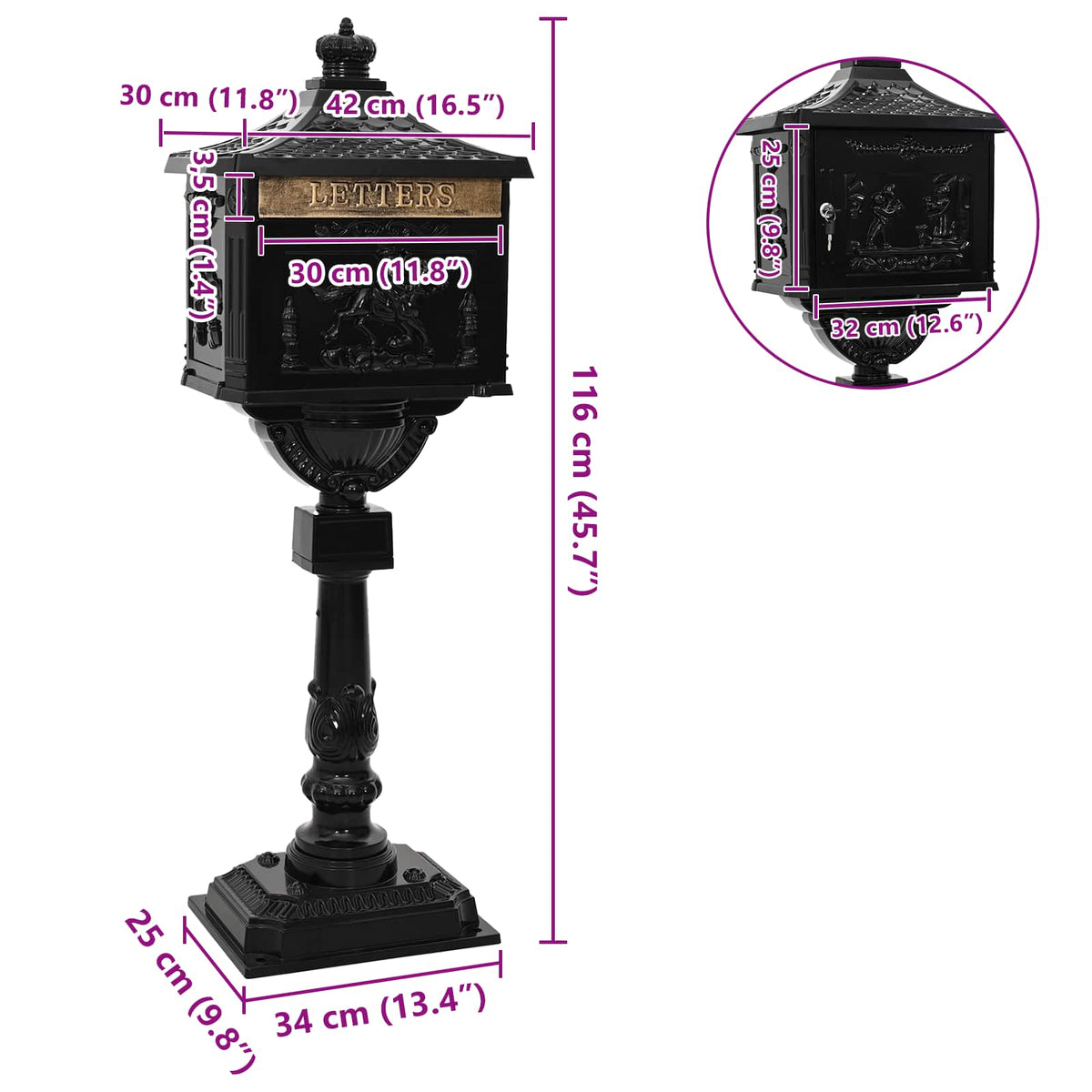 Stående Postkasse Sort 42,5 x 29,5 x 117 cm Gustt aluminium