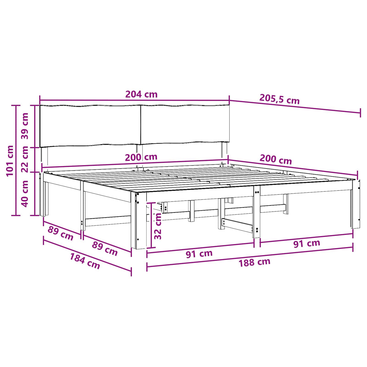 Dobbelt Sengestel med Hovedgærde ROSTOCK Hvid 200 x 200 cm