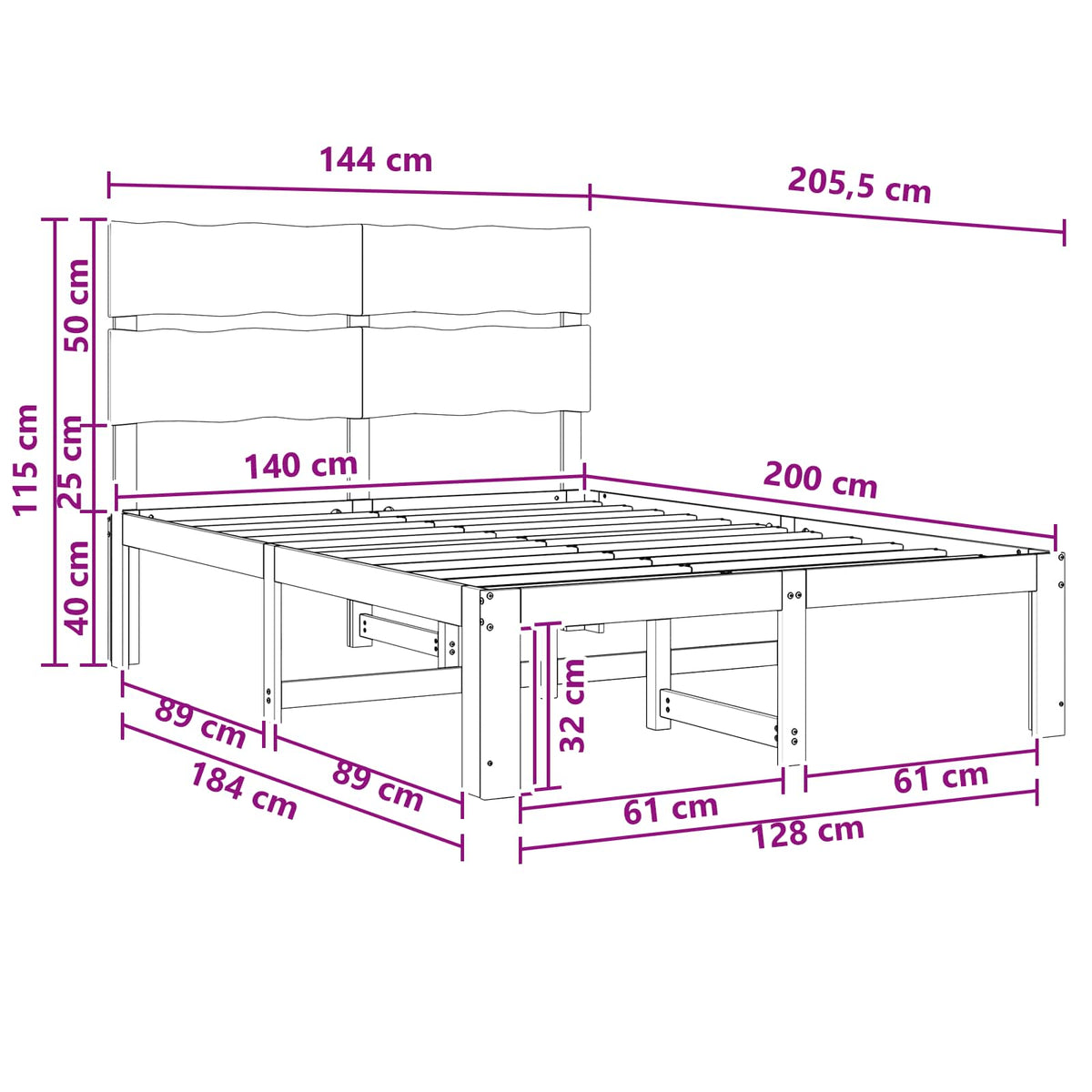Dobbelt Sengestel med Hovedgærde ROSTOCK Hvid 140 x 200 cm