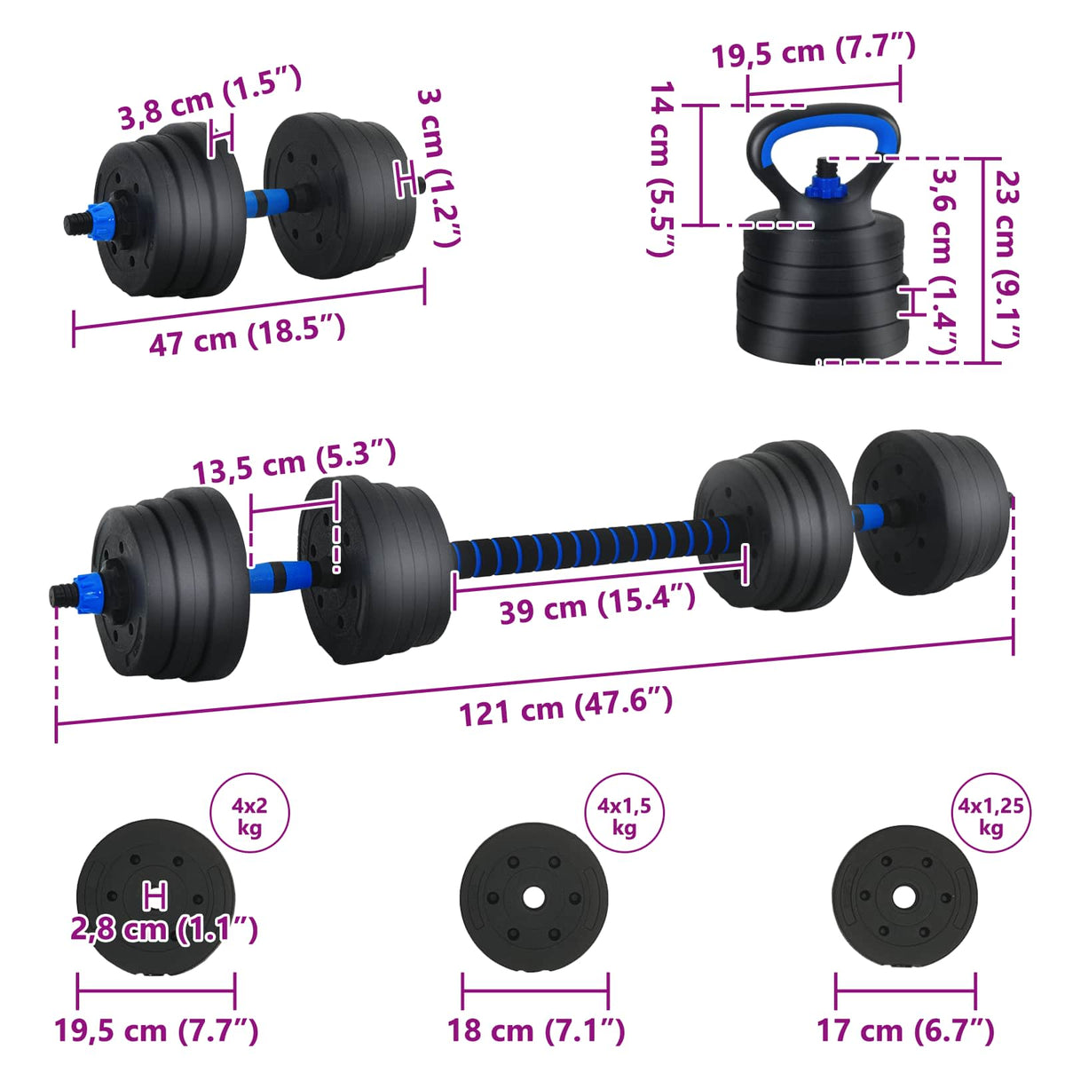 4-i-1 Håndvægte Barbell Kettlebell Sæt 20 kg Sort og Blå