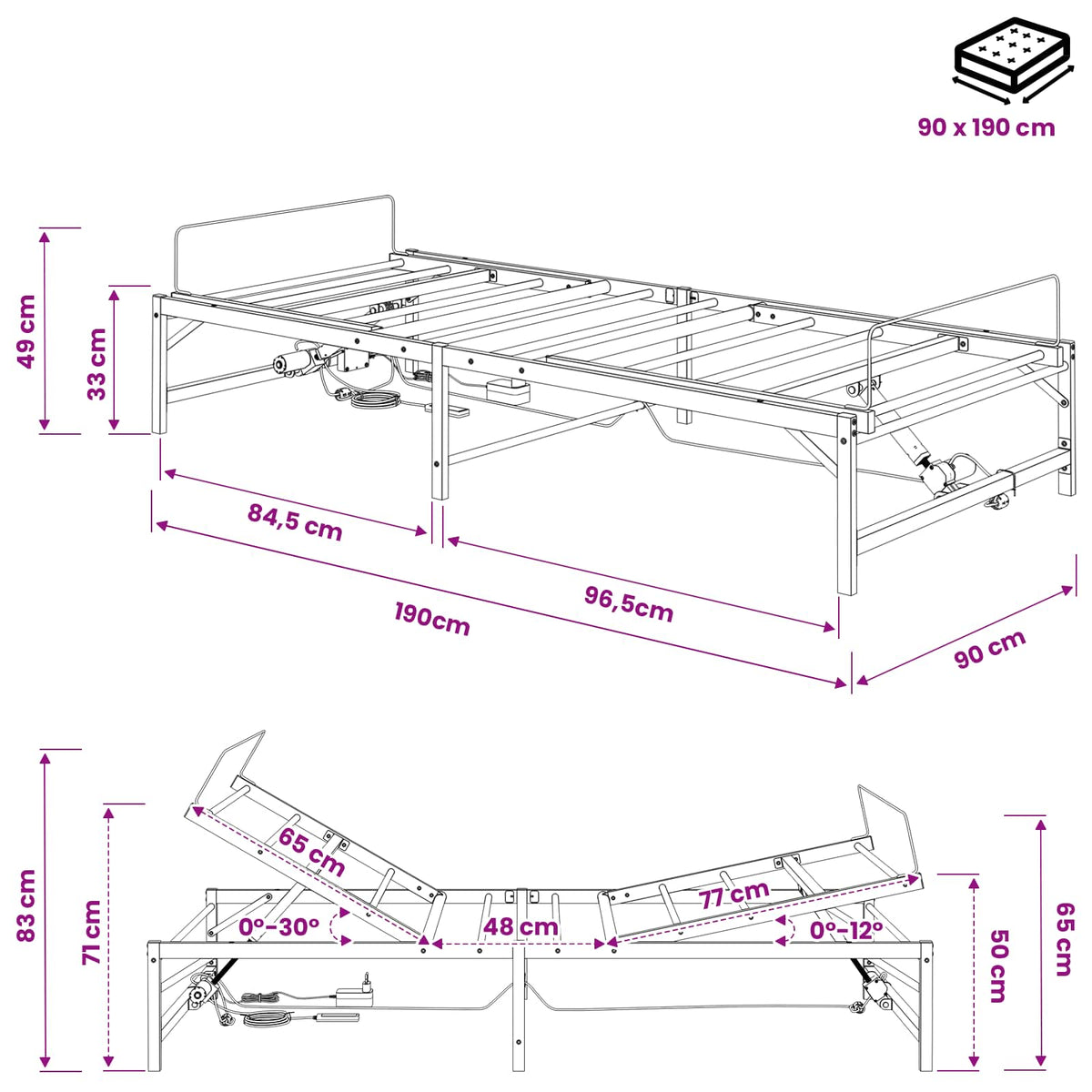 Elektrisk Justerbar Sengetramme Sort 90 x 190 cm Stål