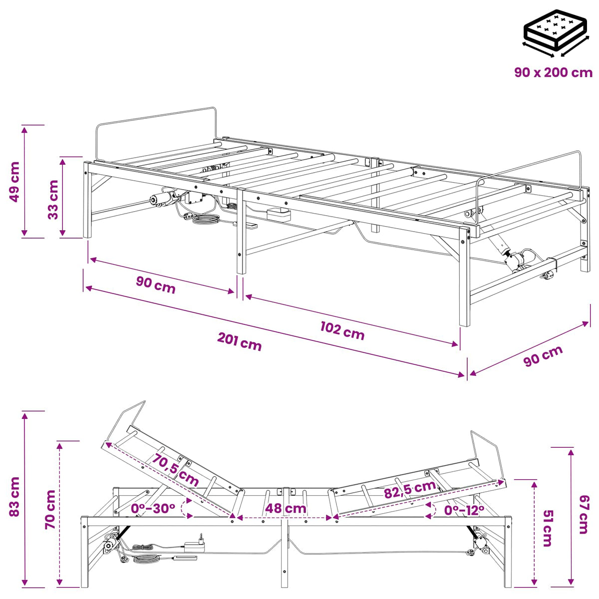 Elektrisk Justerbar Sengetramme Sort 90 x 200 cm Stål