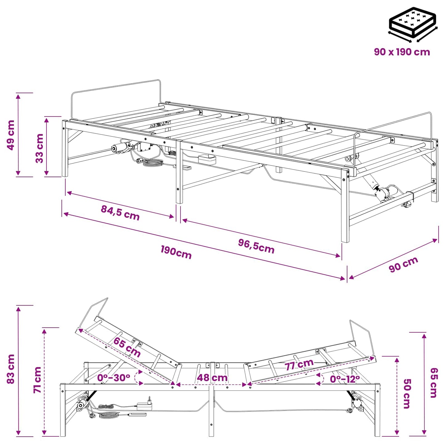 Elektrisk Justerbar Sengetramme Hvid 90 x 190 cm Stål