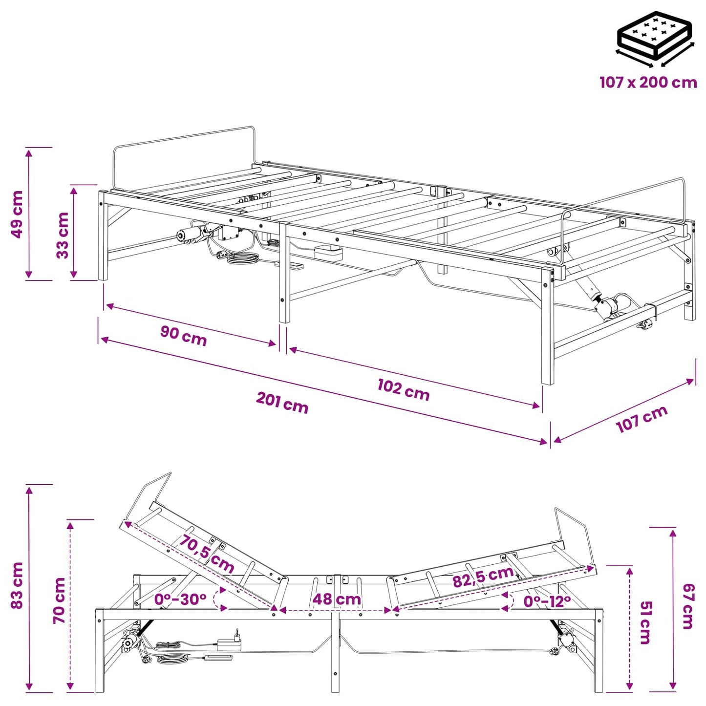 Elektrisk Justerbar Sengetramme Hvid 107 x 200 cm Stål