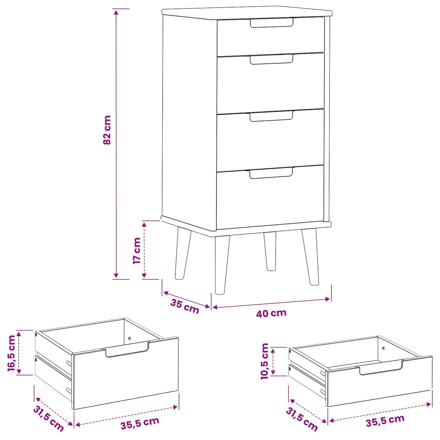 Skuffeskab MOLDE Karamel 40 x 35 x 82 cm Massivt fyrretræ