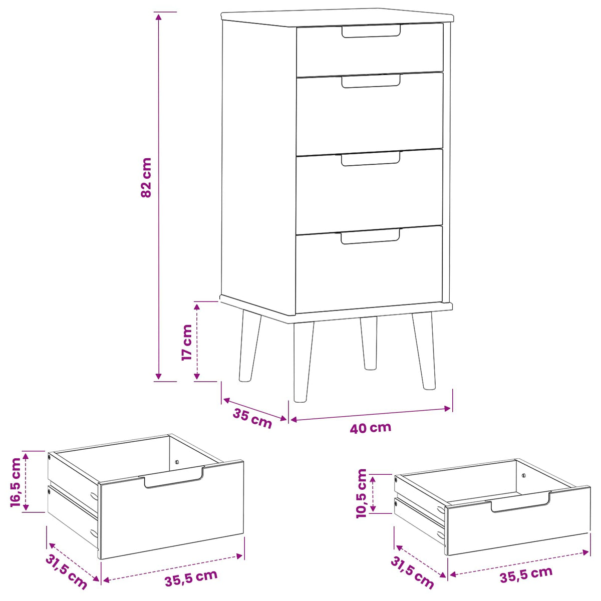 Skuffeskab MOLDE Sort 40 x 35 x 82 cm Massivt fyrretræ