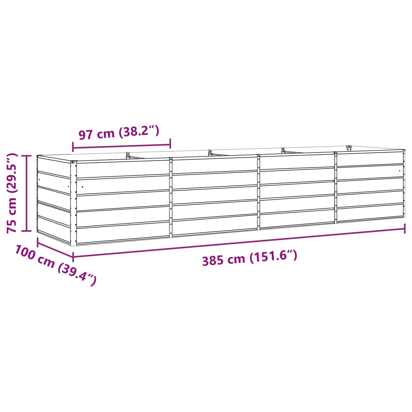 Plantekasse Antracit 385 x 100 x 75 cm Galvaniseret stål