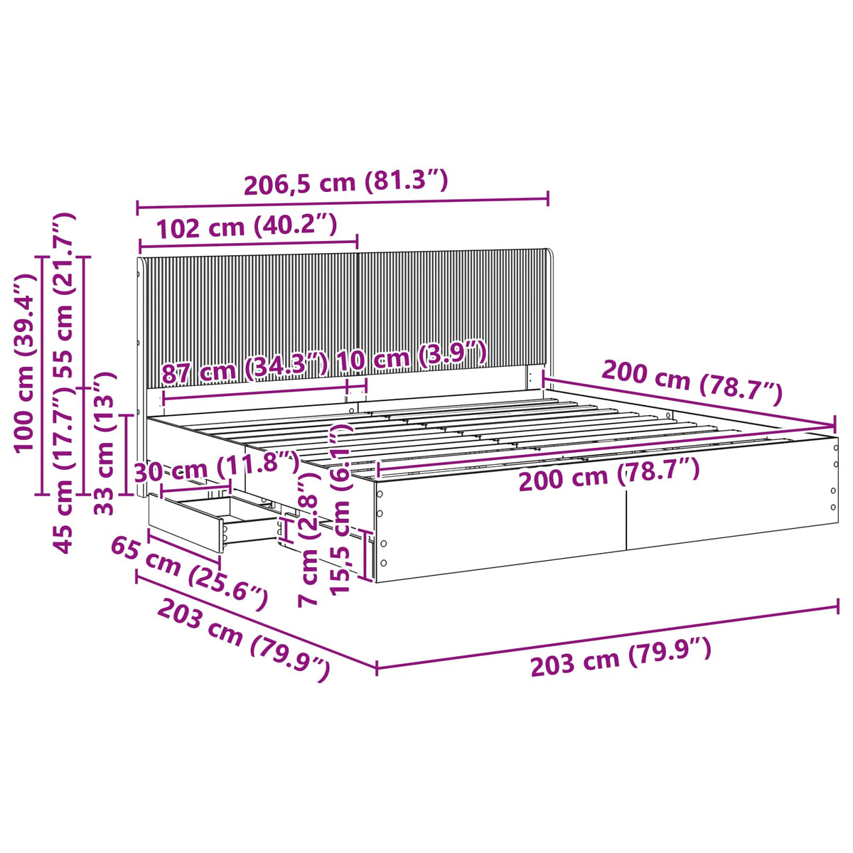 Sengestel med opbevaring og hovedgærde Sonoma-eg 200 x 200 cm