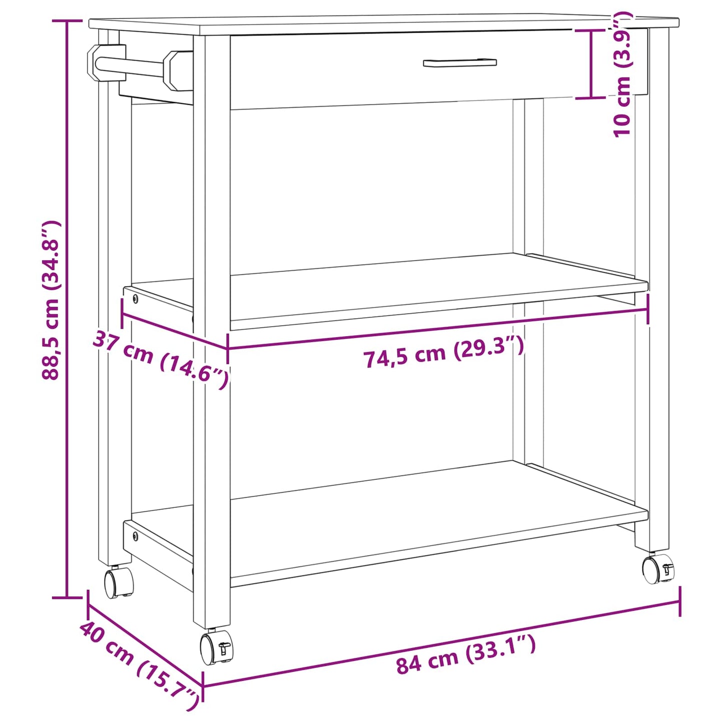 Køkkenvogn MONZA Sort 84 x 40 x 88,5 cm Massivt fyrretræ