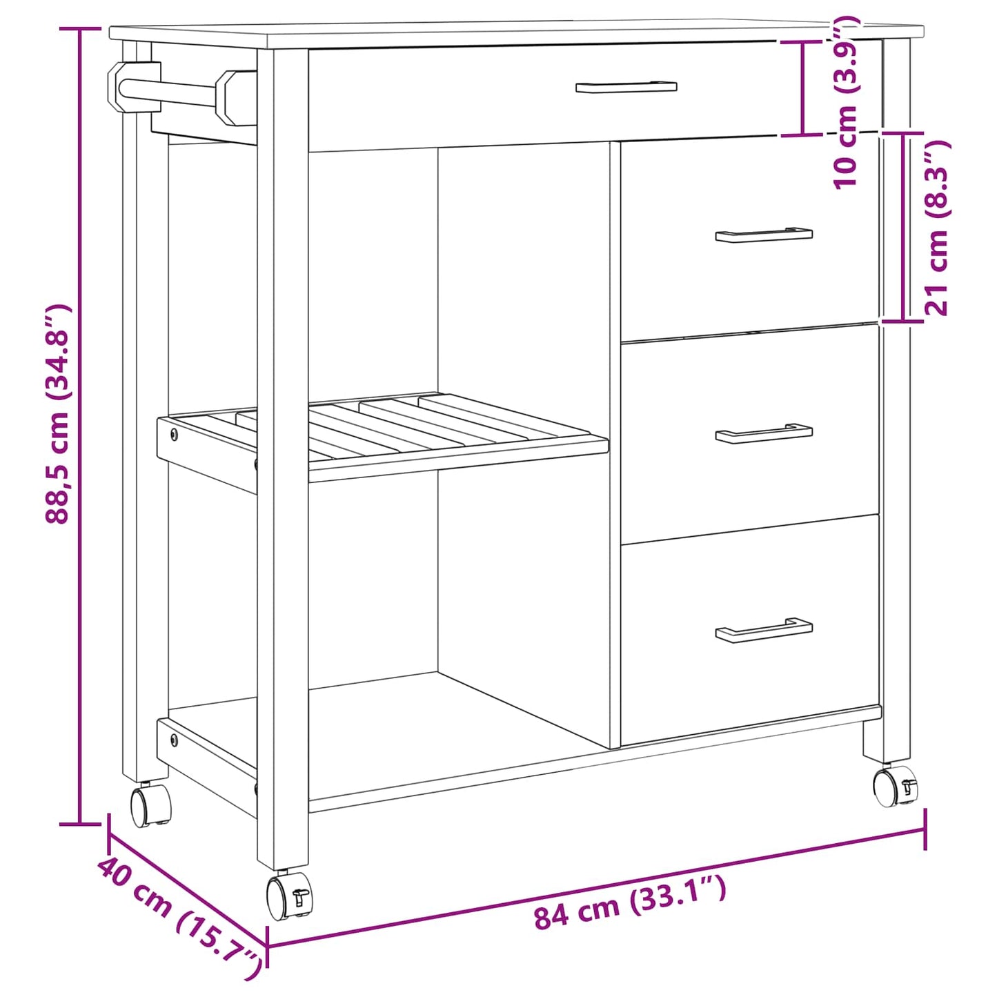 Køkkenvogn MONZA Sort 84 x 40 x 88,5 cm Massivt fyrretræ
