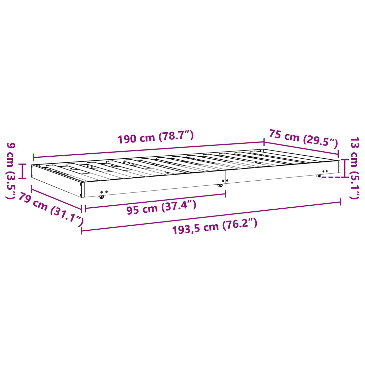 Sengestel med hjul Voks brun 70 x 190 cm Massiv fyrretræ