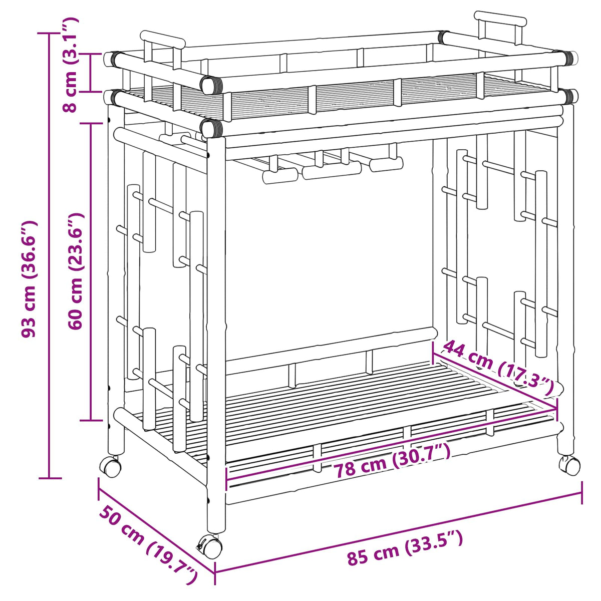 Vinvogn med hjul Naturfarvet 85 x 50 x 93 cm Bambus