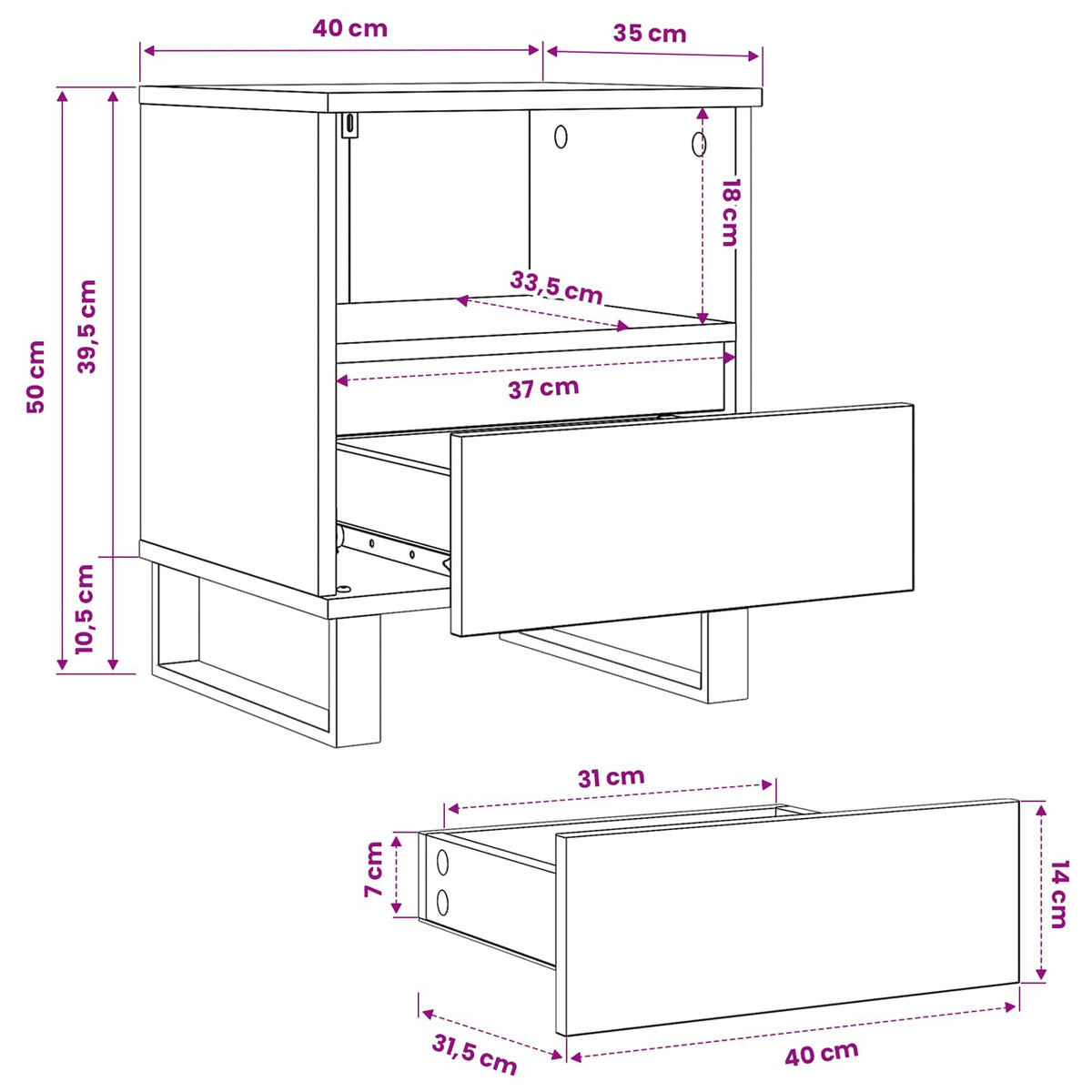 Sengeskab Sort eg 40 x 35 x 50 cm Konstrueret træ