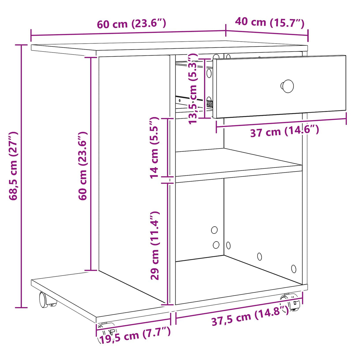 Printerstand Artisan-eg 60 x 40 x 68,5 cm Konstrueret træ