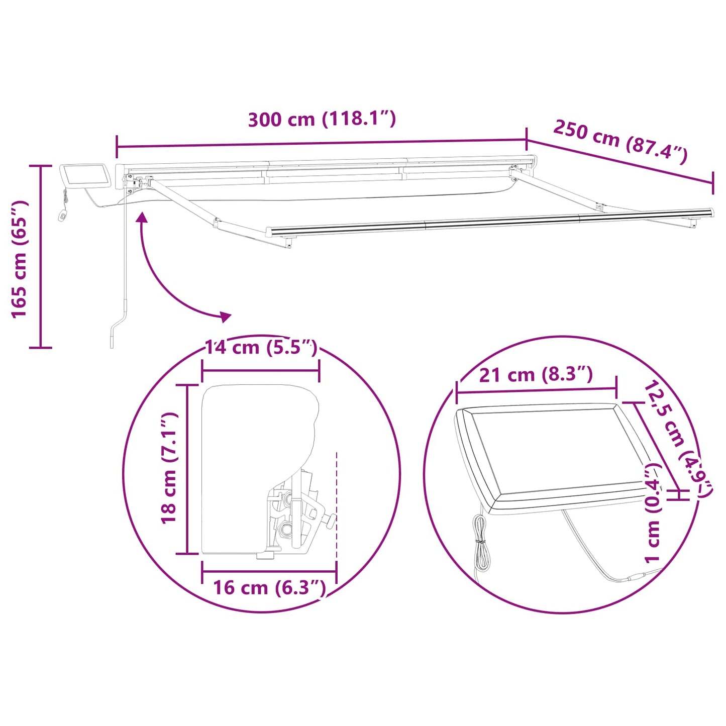 Manuel markise-ramme med LED-lys Antracit 3 x 2,5 m Aluminium