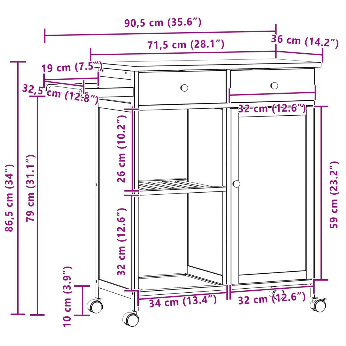 Køkkenvogn med hjul Naturfarvet 90,5 x 36 x 86,5 cm Bambus