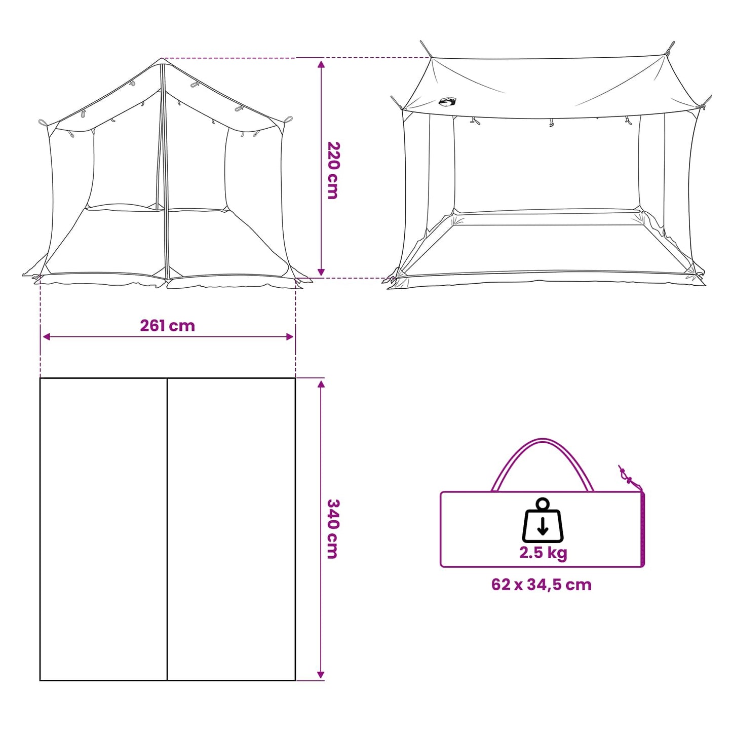 Camping tarp med mesh vægge 340 x 260 x 220 cm Army Grøn