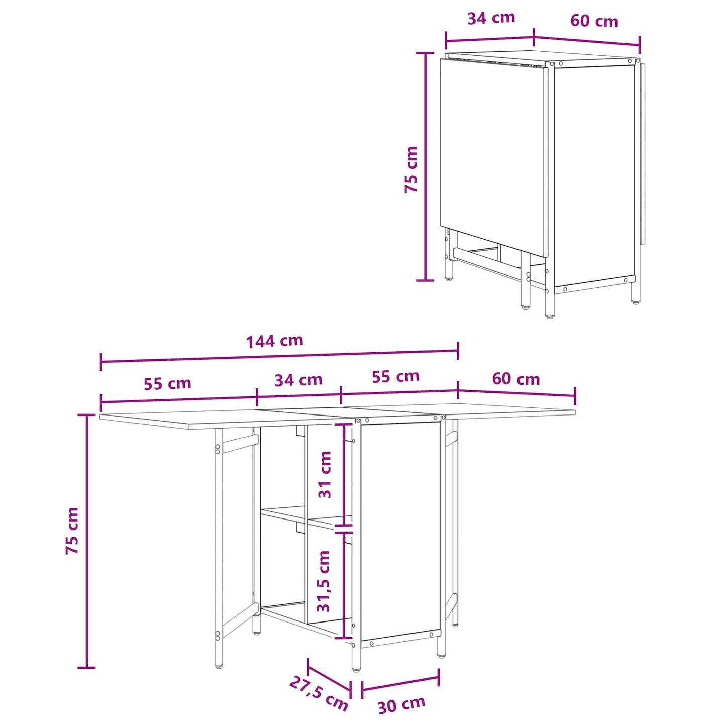 Spisebord 144 x 60 x 75 cm Konstrueret træ Sort eg Rektangulær