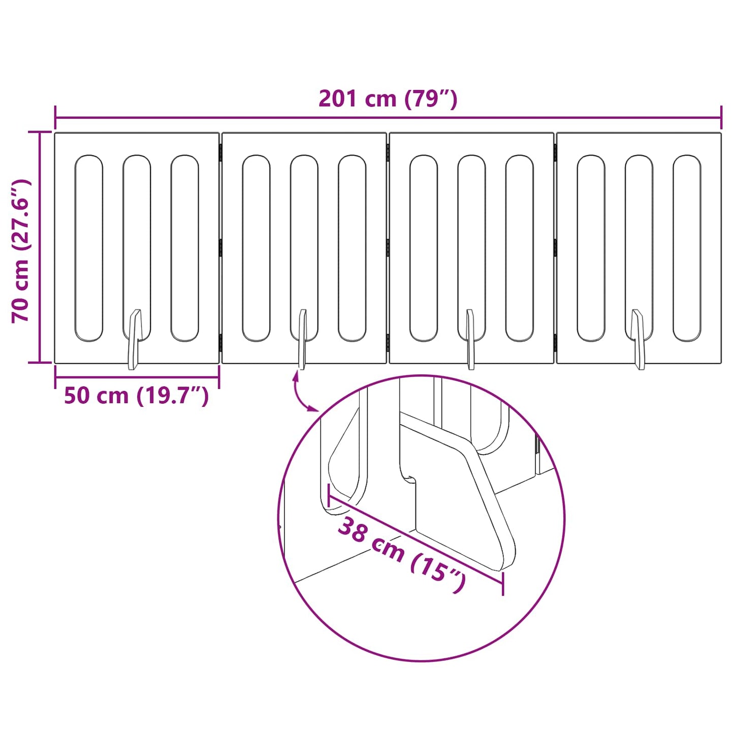 Foldbar hundegård 4 stk. Egetræ 201 x 38 x 70 cm