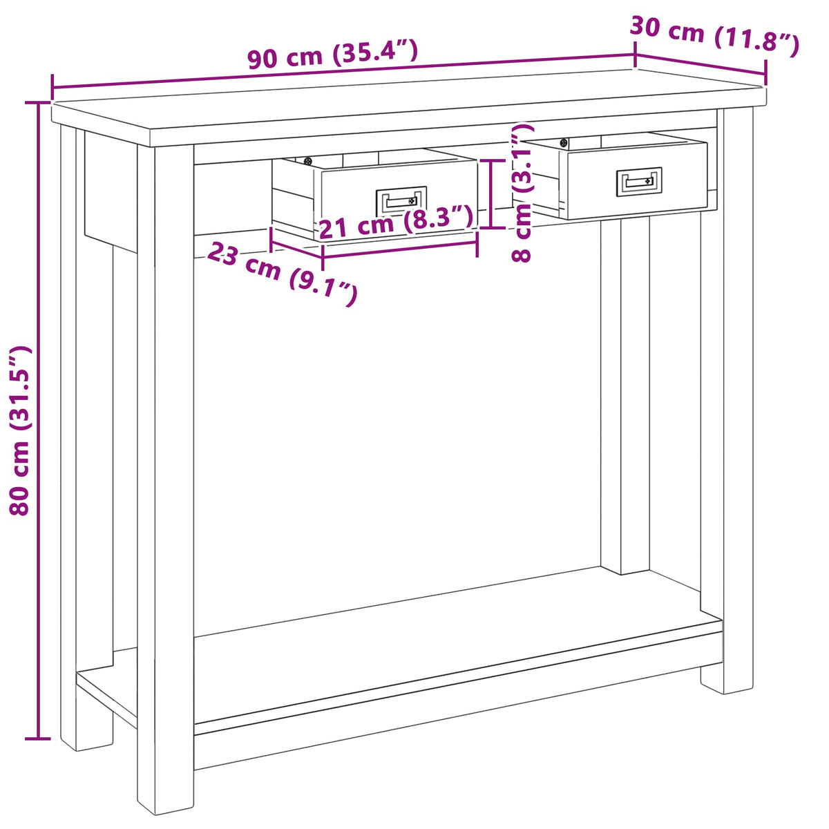 Konsolbord Naturfarvet 90 x 30 x 80 cm Massiv Teaktræ