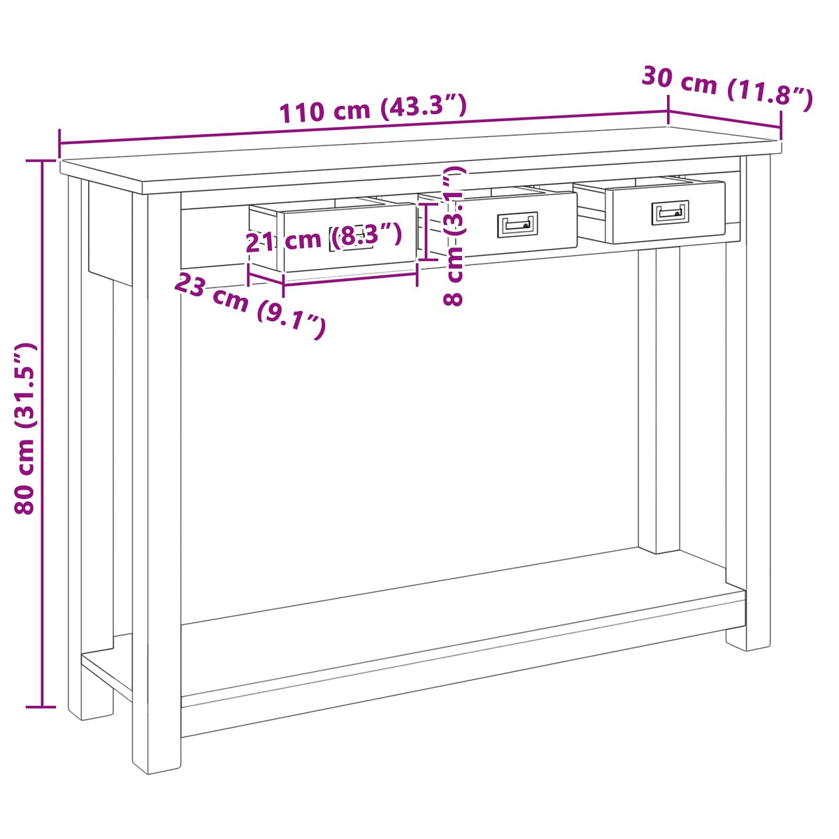 Konsolbord Naturfarvet 110 x 30 x 80 cm Massiv Teaktræ