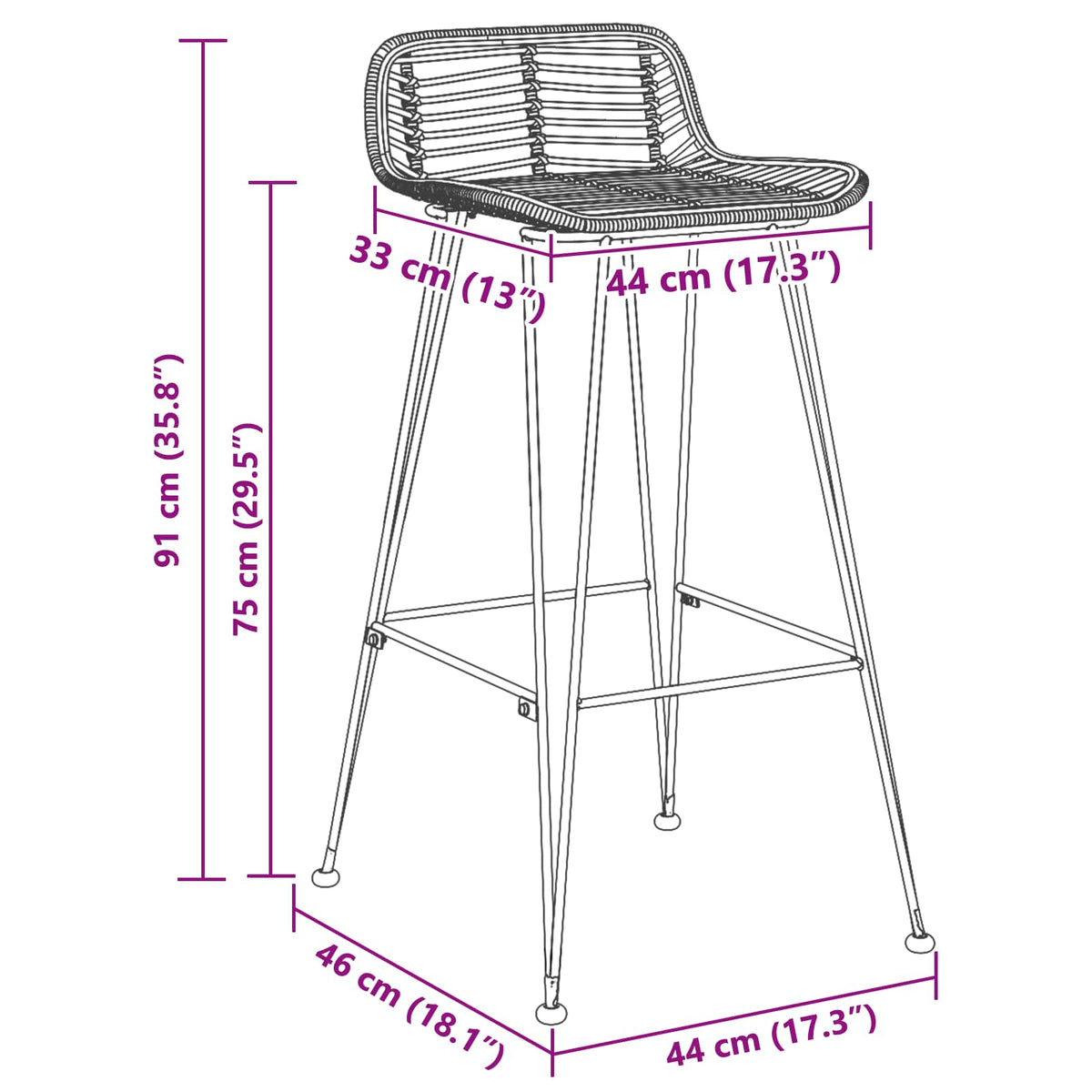 Barstol 44 x 46 x 91 cm Stangjern Dia, 10mm