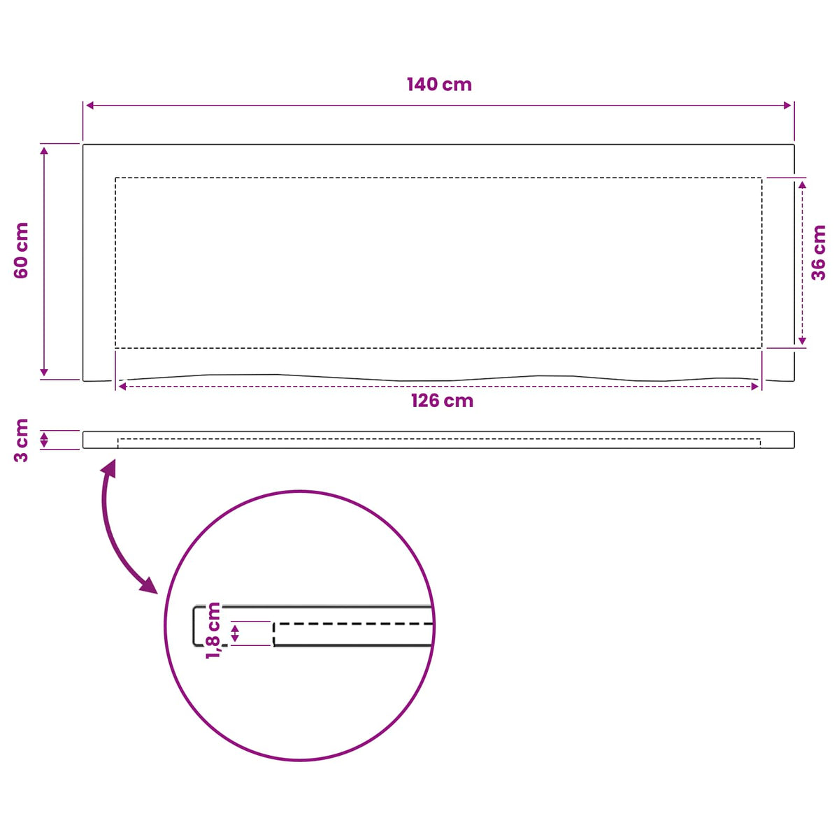 Rektangulært Bordplade 140 x 50 x 3 cm Rektangulær