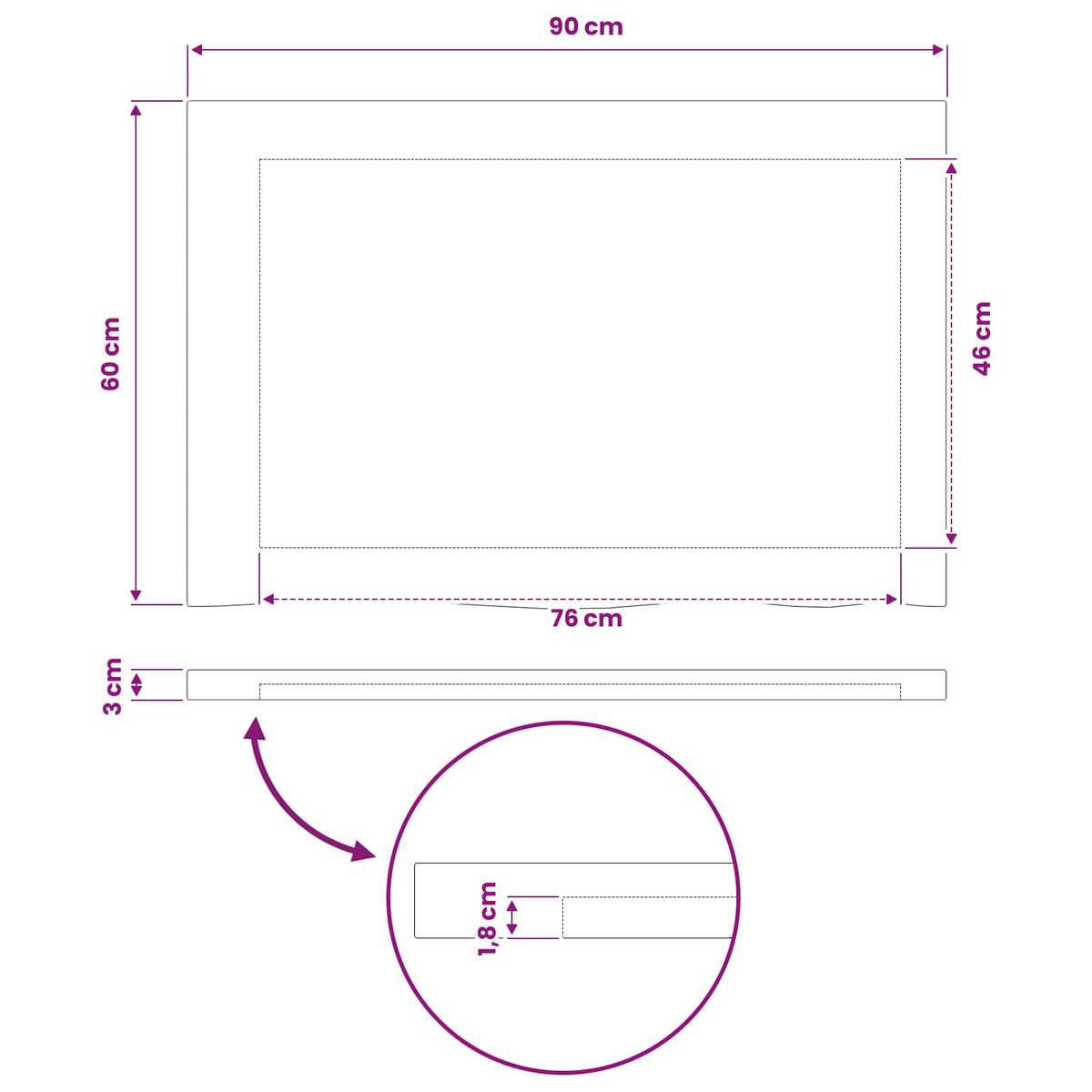 Rektangulært Bordplade 90 x 60 x 3 cm Rektangulær
