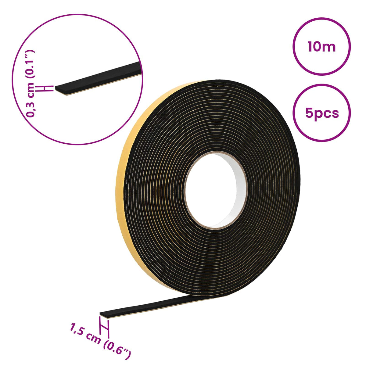 Selvklæbende skum tape 5 stk. Sort 15mm x 10m CR Skum