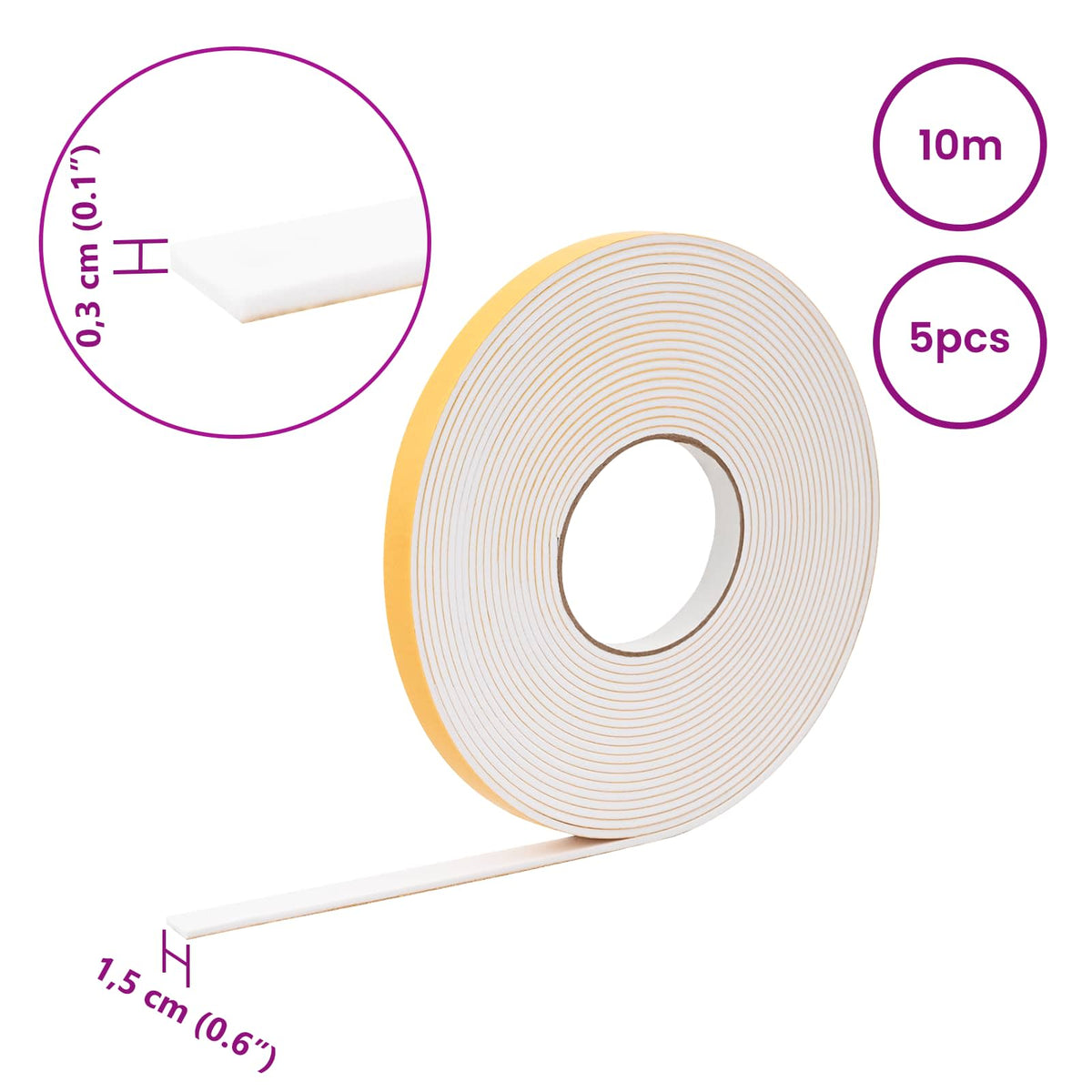 Selvklæbende skum tape 5 stk. Hvid 15mm x 10m CR Skum
