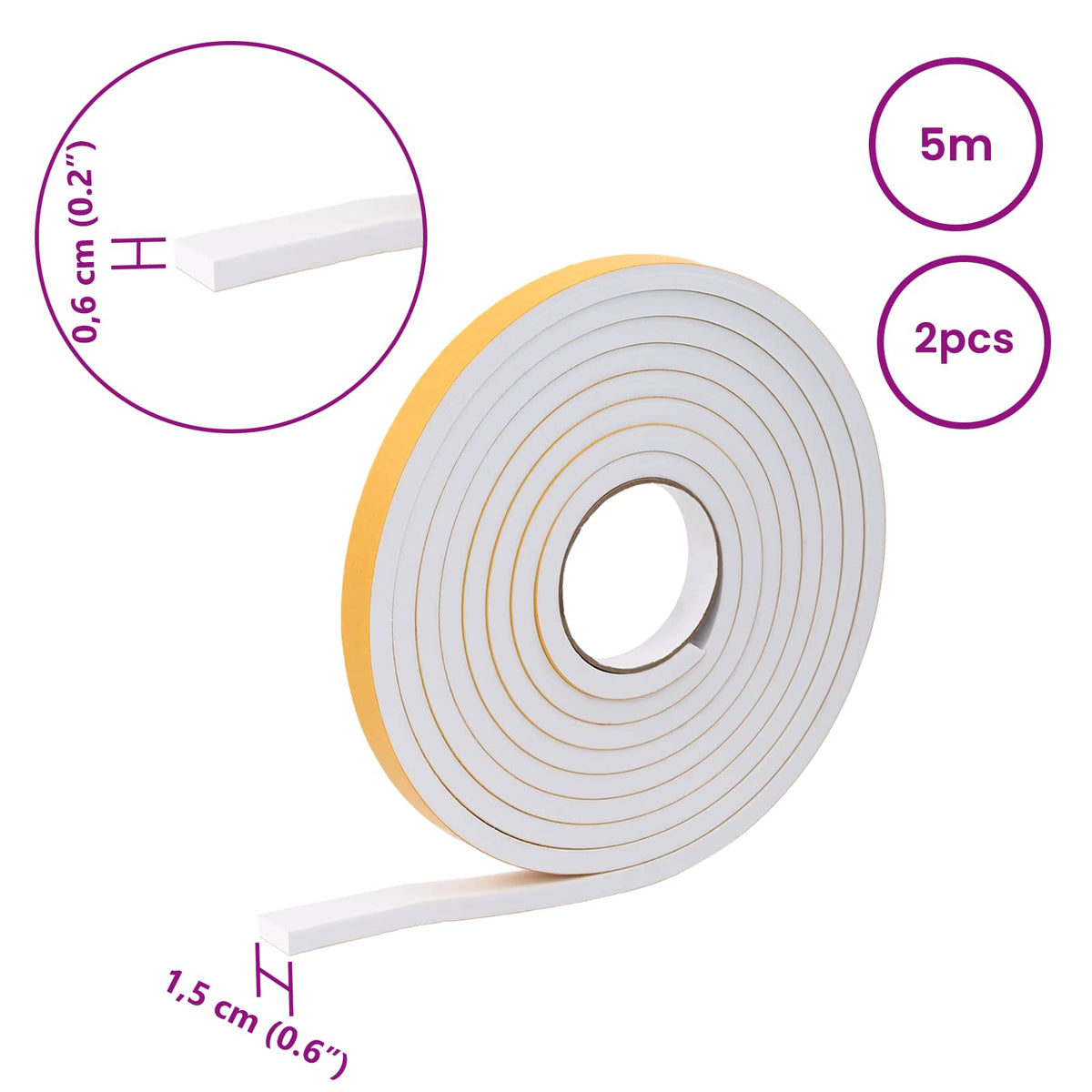 Selvklæbende skum tape 2 stk. Hvid 15mm x 5m CR Skum