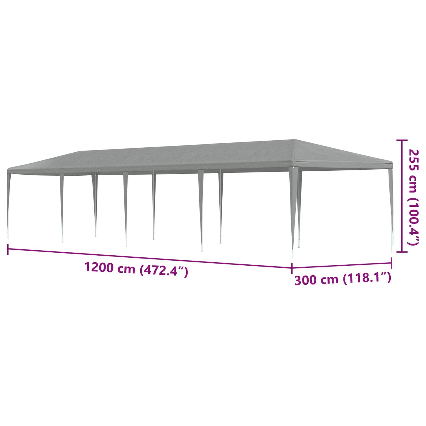 Party Tent Lysegrå 1200 x 300 x 255 cm PE og stål