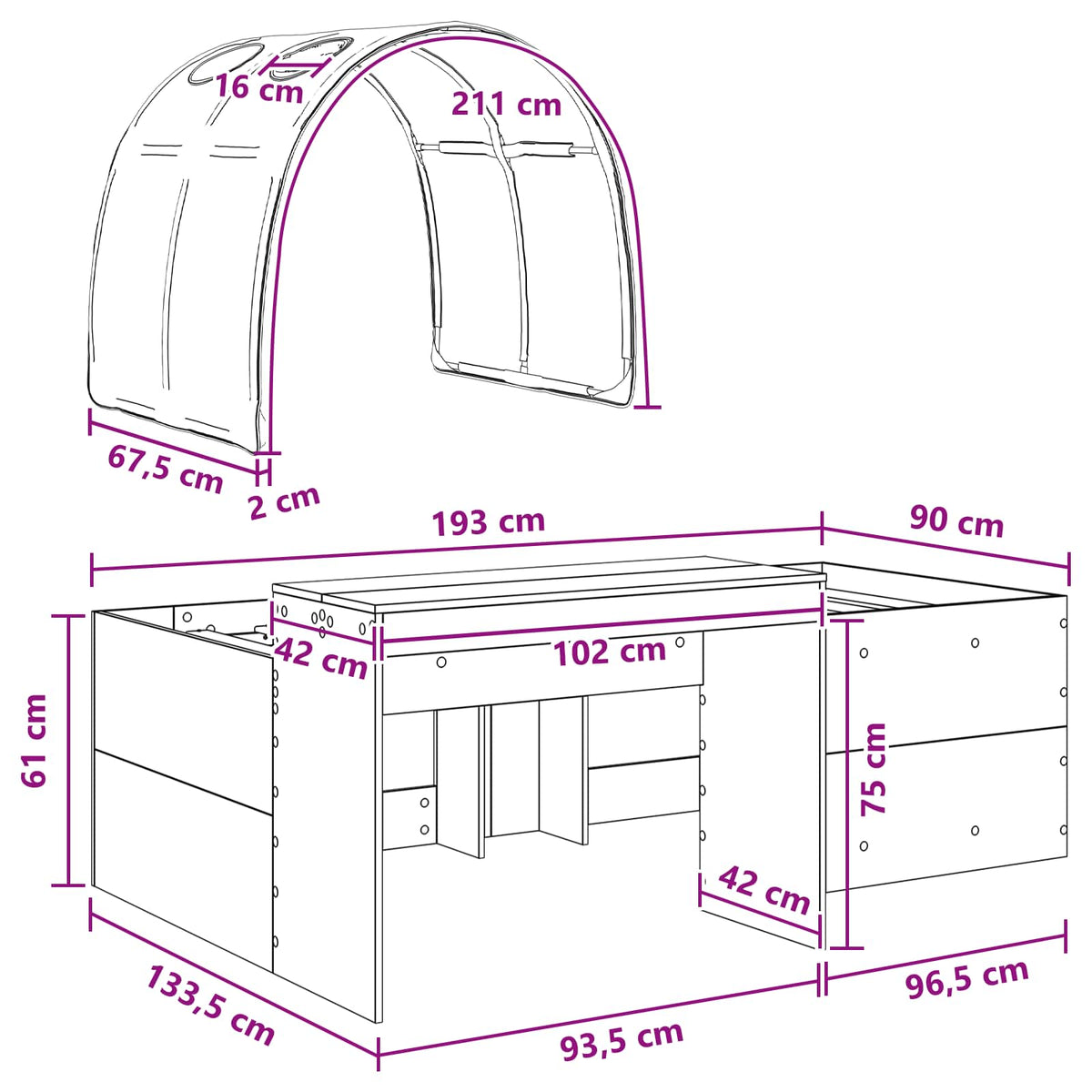Børneseng med skrivebord 3 stk. Hvid og lyserød Konstrueret træ