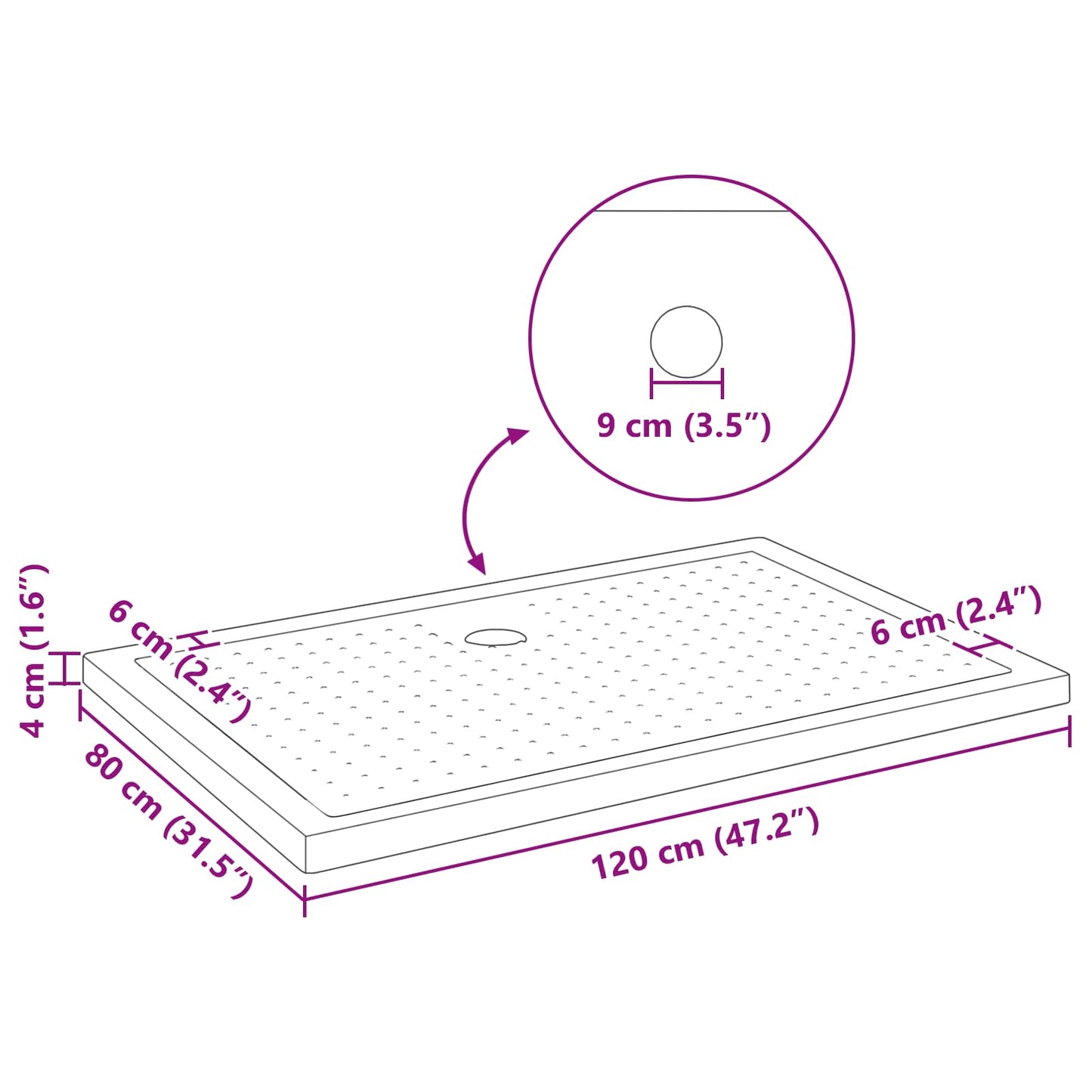 Brusebund Tray med Dots 120 x 80 x 4 cm ABS Sort