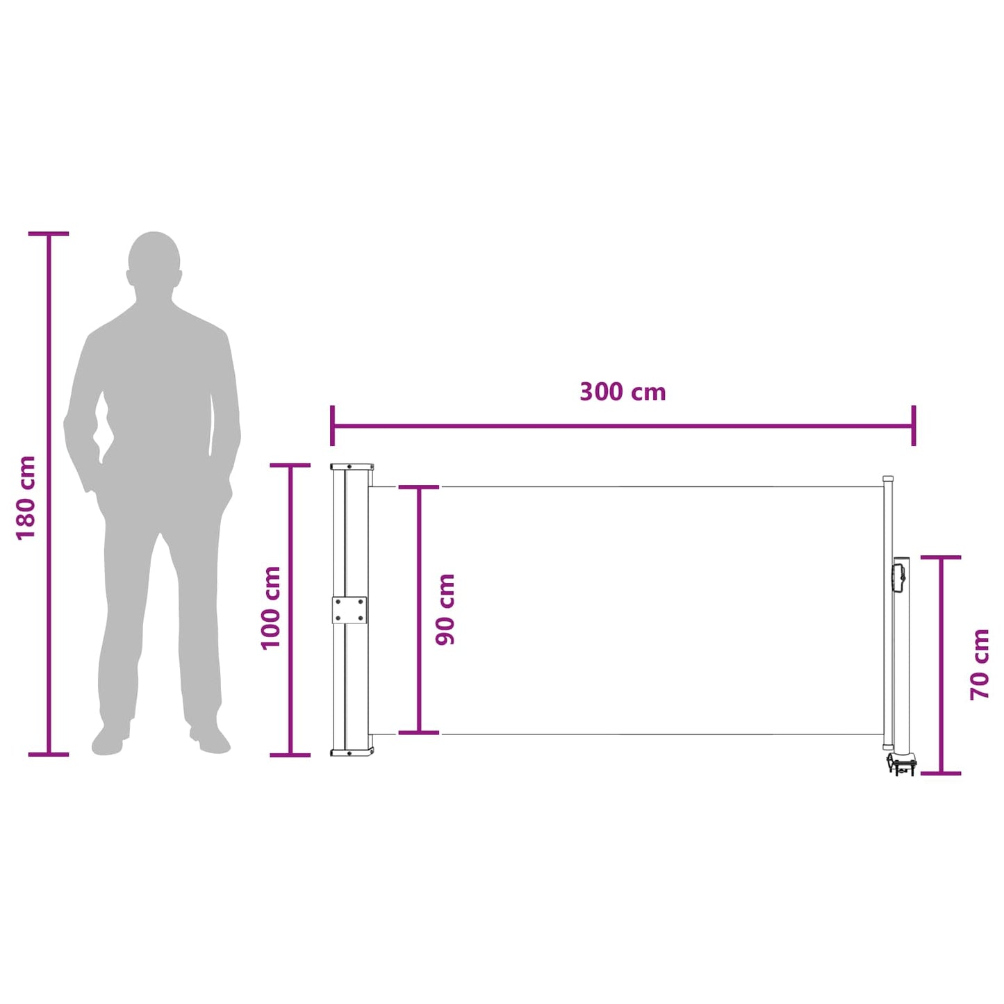 Side Markise 100 x 300 cm 100% polyester jern stål Rektangulær