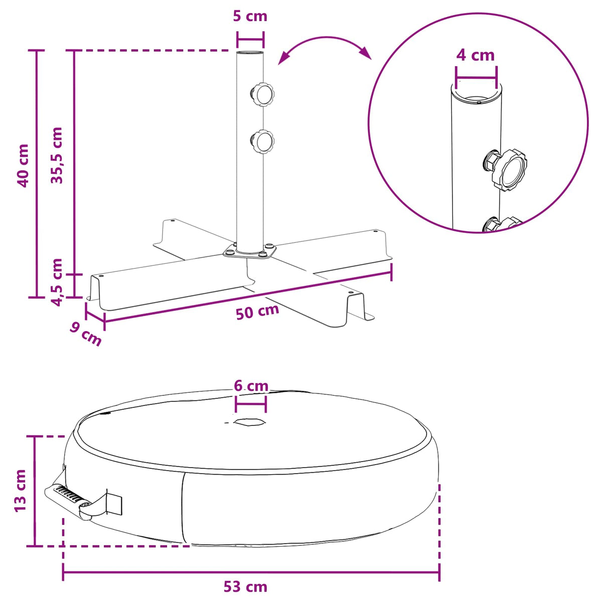 Patio parasolfod 53 x 53 x 40 cm Stål Sort