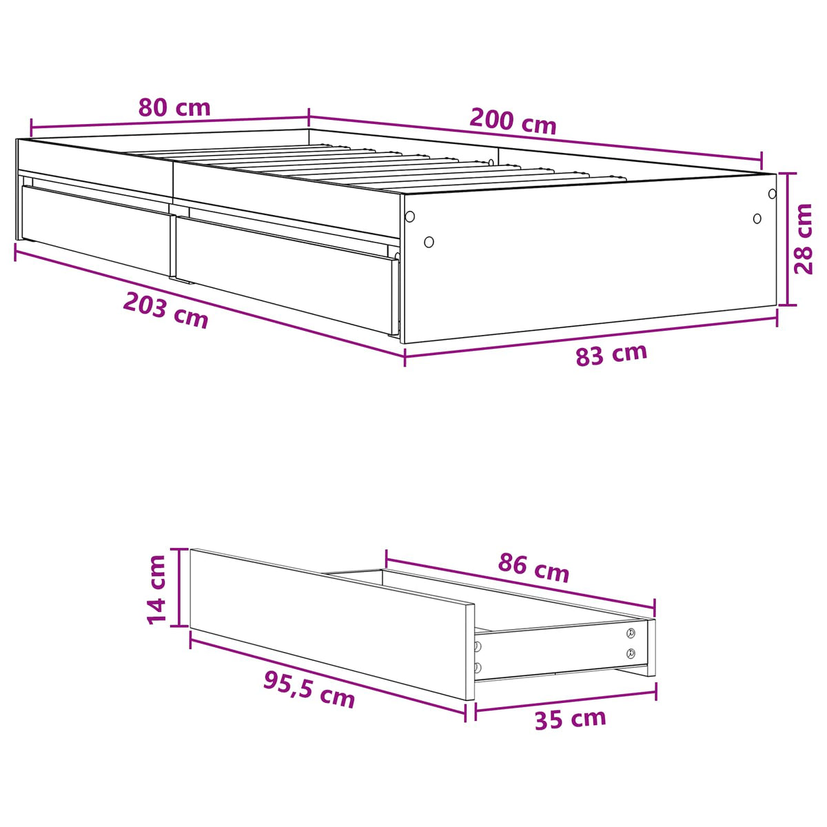 Sengestel med opbevaring Sort eg 80 x 200 cm Konstrueret træ