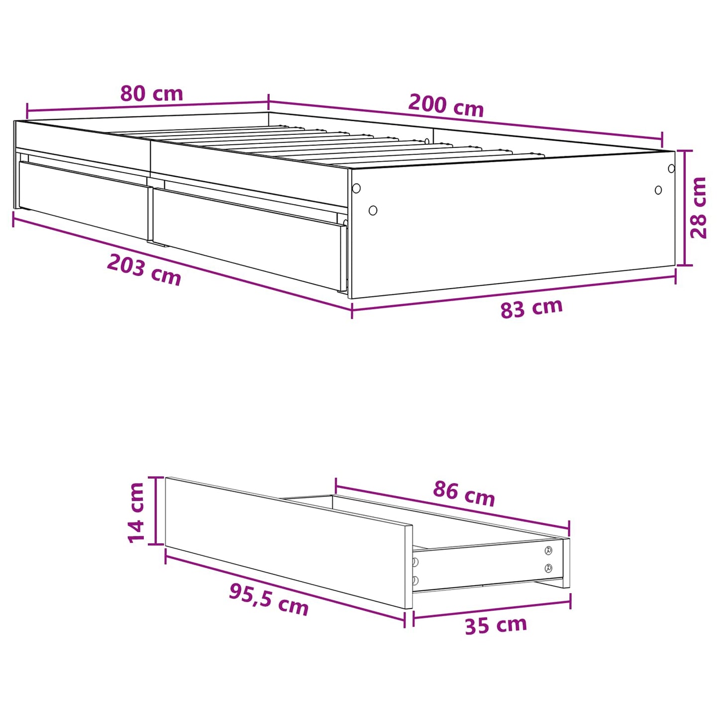 Sengestel med opbevaring Artisan-eg 80 x 200 cm Konstrueret træ