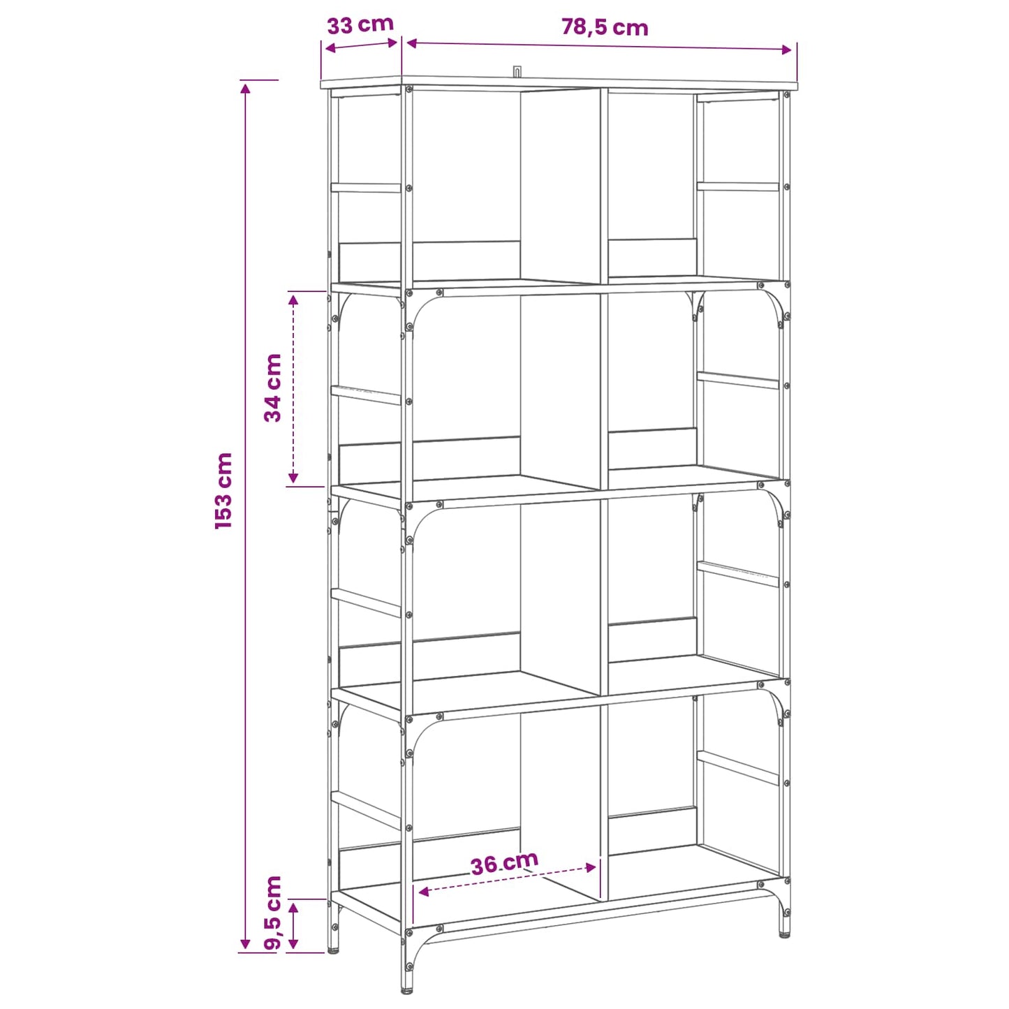Bogreol 4 niveauer 78,5 x 33 x 153 cm metal PB Artisan-eg