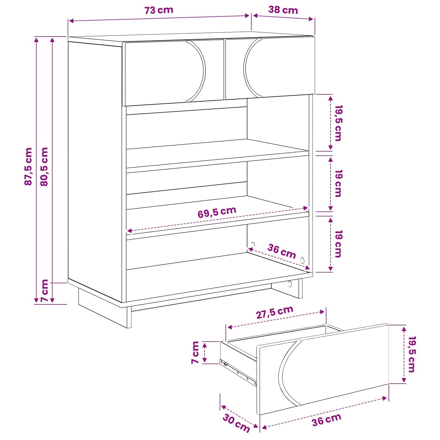 Skoskab 73 x 38 x 87,5 cm Konstrueret træ Hvid højglans