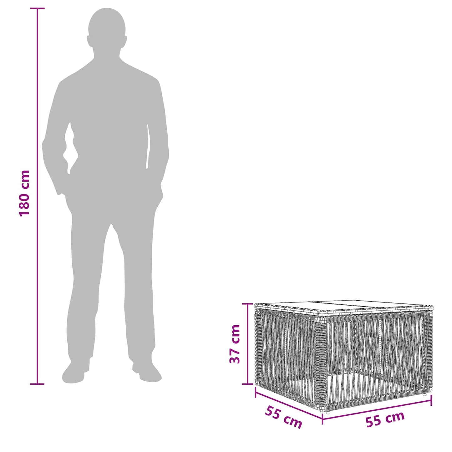Havemøbel Bord Grå og sort 55 x 55 x 37 cm PE Rattan og Glas
