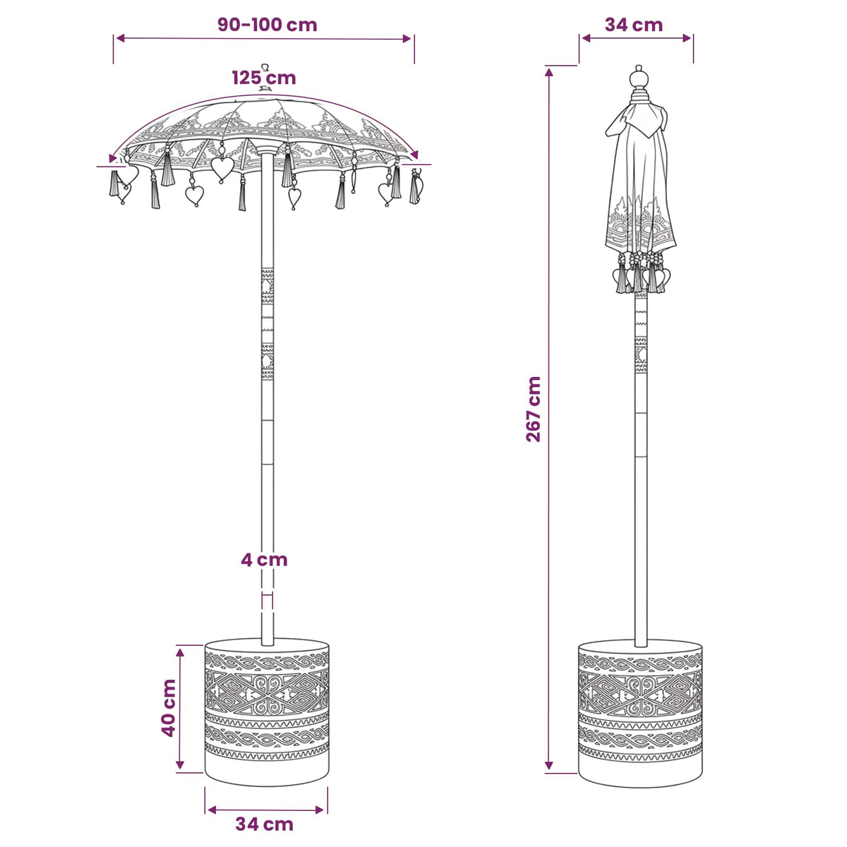 Balinesisk parasol med base 2 stk. Blå