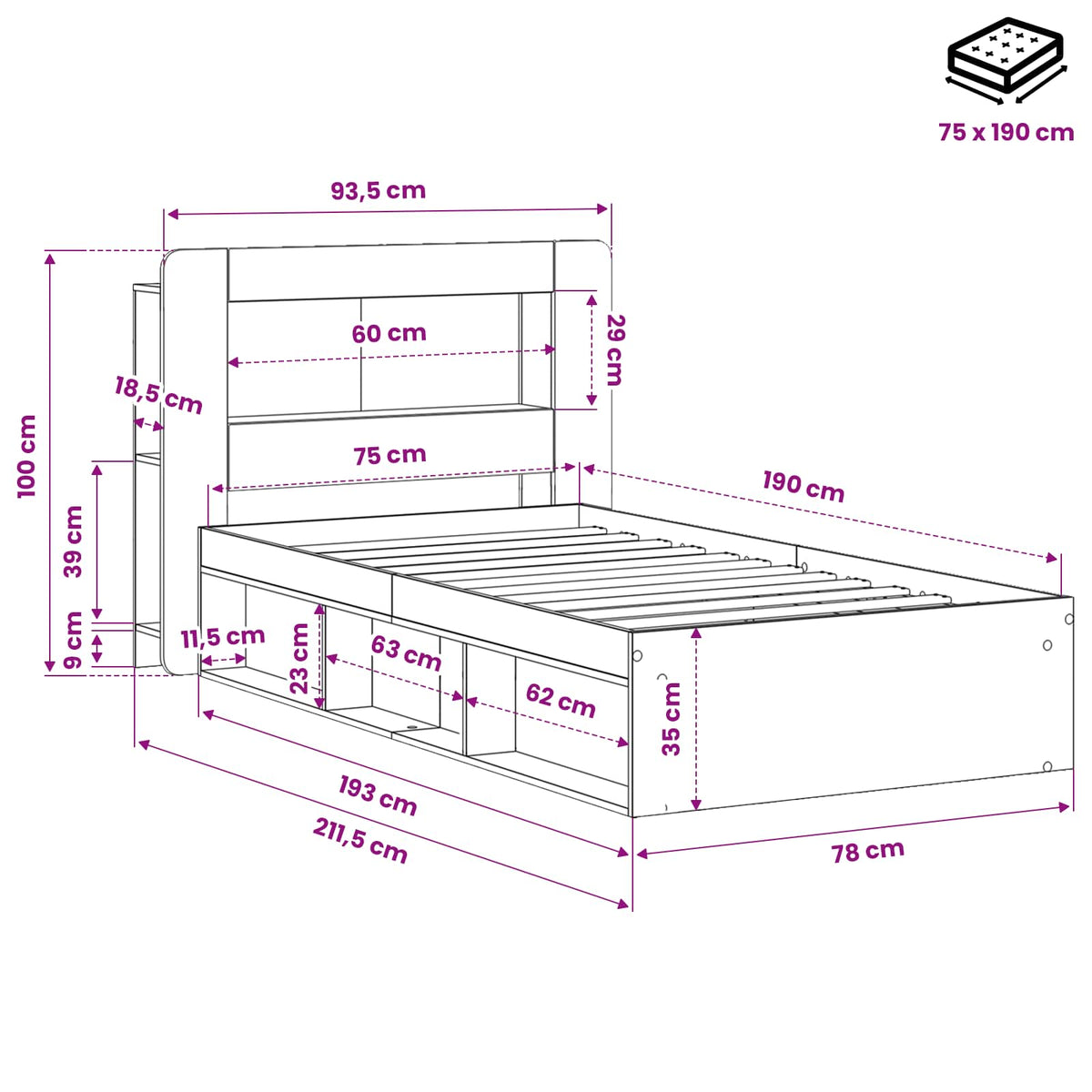 Sengestel med opbevaring Sort 75 x 190 cm Konstrueret træ