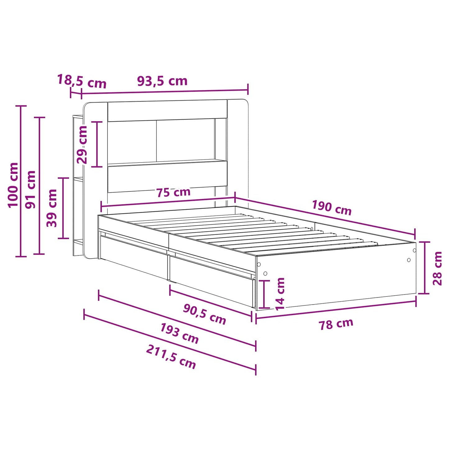 Sengestel med opbevaring Sonoma-eg 75 x 190 cm Konstrueret træ