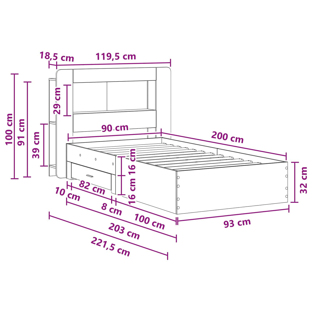 Sengestel med opbevaring Artisan-eg 90 x 200 cm Konstrueret træ